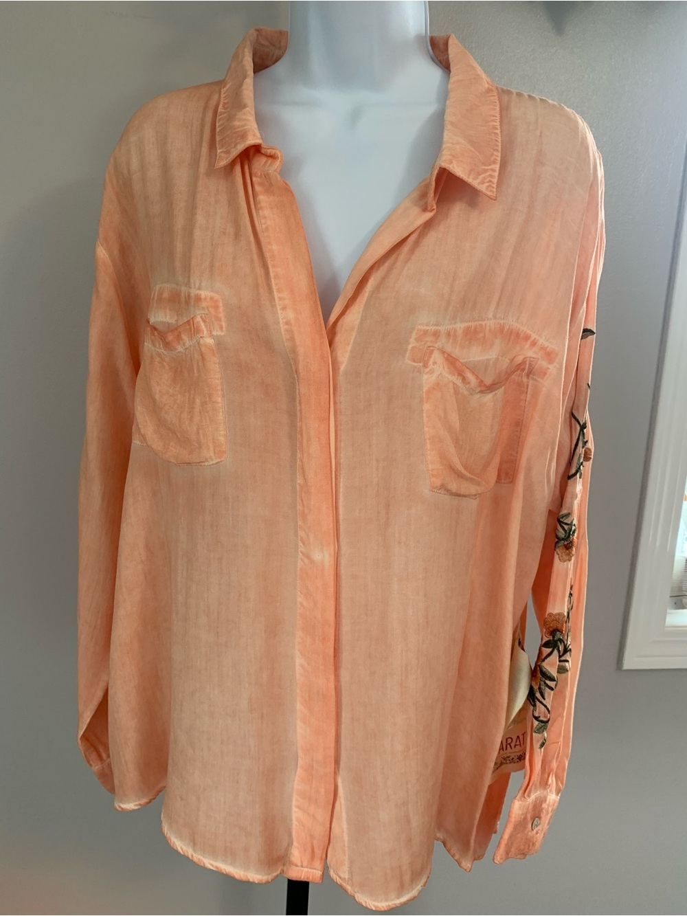NWT Aratta Silent Journey- Kate Coral Button-Down Shirt with Embroidered Sleeve